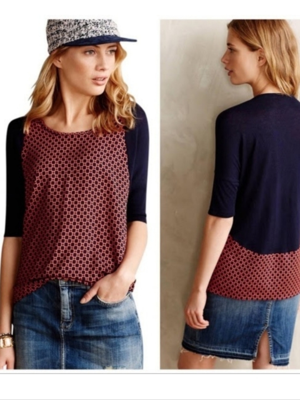 Anthro Little Yellow Bird Navy & Red Geo Print Dolman Blouse Size Small